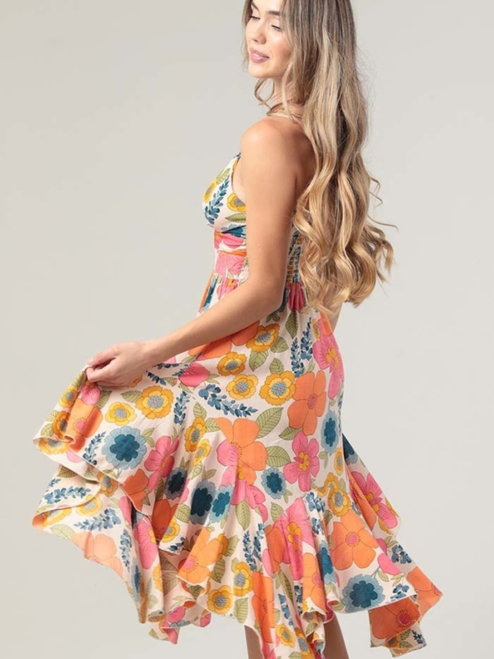 Angie Strapless Floral Midi Dress in Peach, Pink, Yellow & Blue. NWT Size SMALL